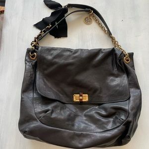 Lanvin Black Shoulder Bag Leather Gold Chain Hardware Bow Ribbon